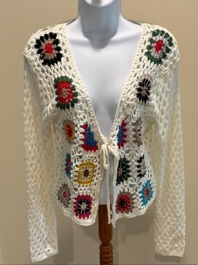 Debut Crochet   Openwork Cream Cardigan with Multicolor Floral Motifs size L